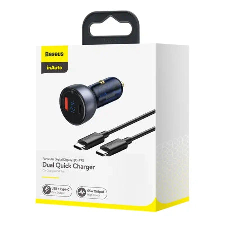 Baseus Particular Digital Display Car Charger , USB + USB-C, QC3.0+PD, 5A, 65W (gray) + Cable USB-C 1m 100W (black)