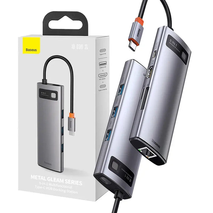 Hub 8in1 Baseus Metal Gleam Series, USB-C to 3x USB 3.0 + HDMI + USB-C PD + Ethernet RJ45 + microSD/SD