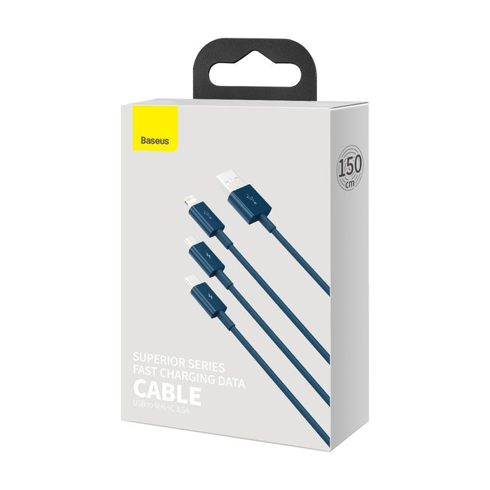 USB cable 3in1 Baseus Superior Series, USB to micro USB / USB-C / Lightning, 3.5A, 1.5m (blue)