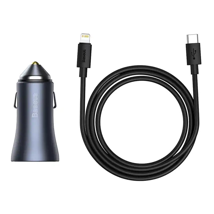 Baseus Golden Contactor Pro Car Charger USB + USB-C, QC4.0+, PD, SCP, 40W (gray) + Cable USB-C do iP 1m (black)