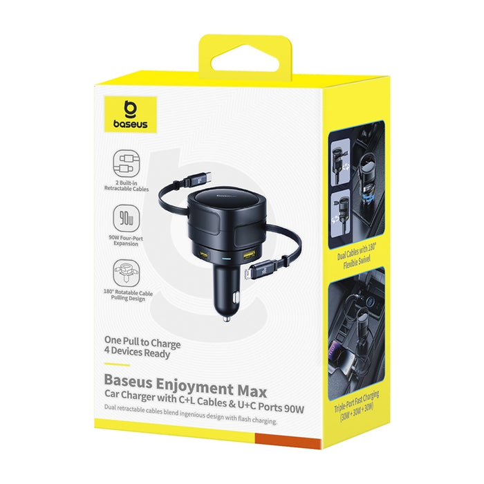 Baseus Enjoyment Max car charger with USB-C+Lightning cables and USB-A+USB-C ports 90W Black
