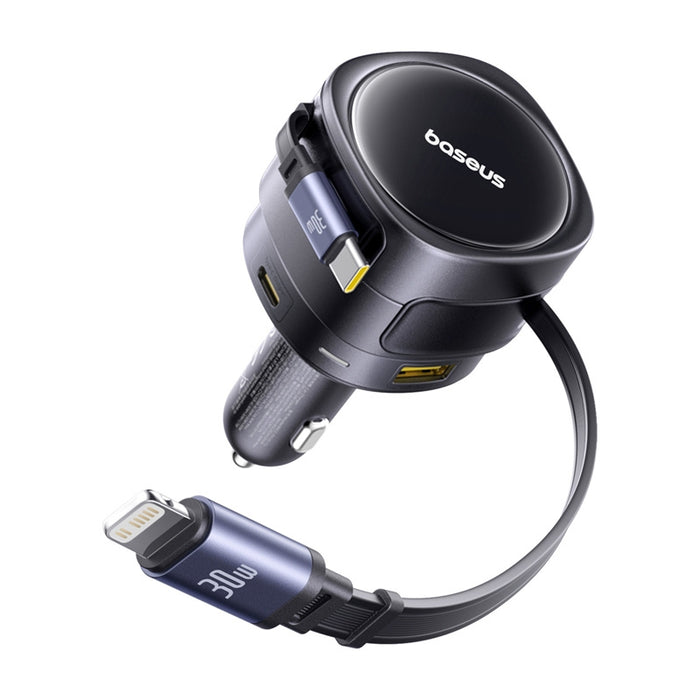 Baseus Enjoyment Max car charger with USB-C+Lightning cables and USB-A+USB-C ports 90W Black
