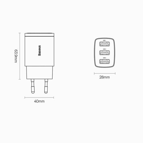 Baseus Compact Quick Charger, 3x USB, 17W (Black)