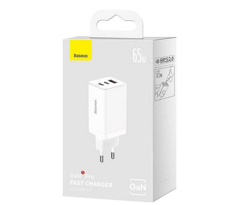 Wall charger Baseus GaN5 Pro 2xUSB-C + USB, 65W (white)