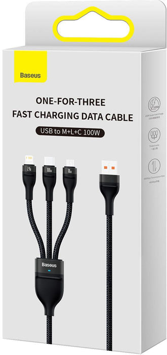 3in1 USB cable Baseus Flash Series, USB-C + micro USB + Lightning, 100W, 1.2m (black)