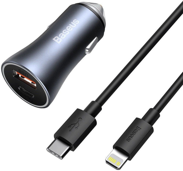 Baseus Golden Contactor Pro Car Charger USB + USB-C, QC4.0+, PD, SCP, 40W (gray) + Cable USB-C do iP 1m (black)