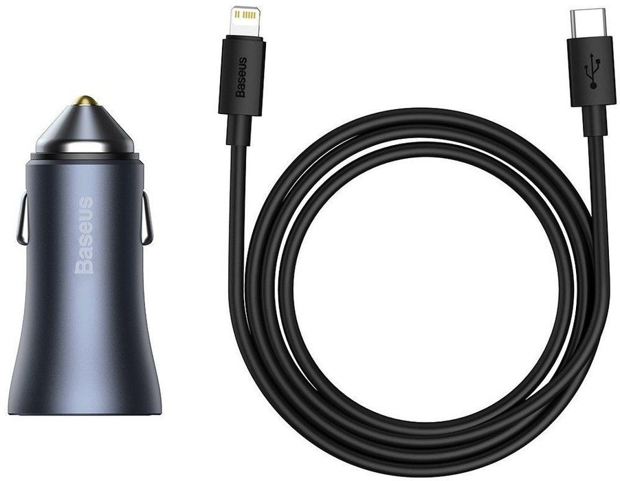 Baseus Golden Contactor Pro Car Charger USB + USB-C, QC4.0+, PD, SCP, 40W (gray) + Cable USB-C do iP 1m (black)