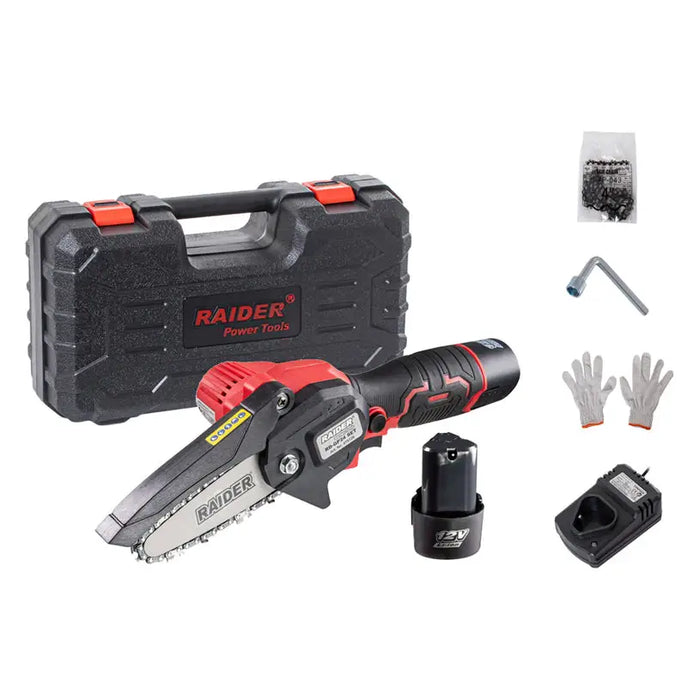 BATTERY MINI CHAIN SAW RAIDER RD-GP24 12 V NUMBER OF BATTERIES 2 2.00 Ah BAR LENGTH 10.00 cm BAR LENGTH 10.00 cm