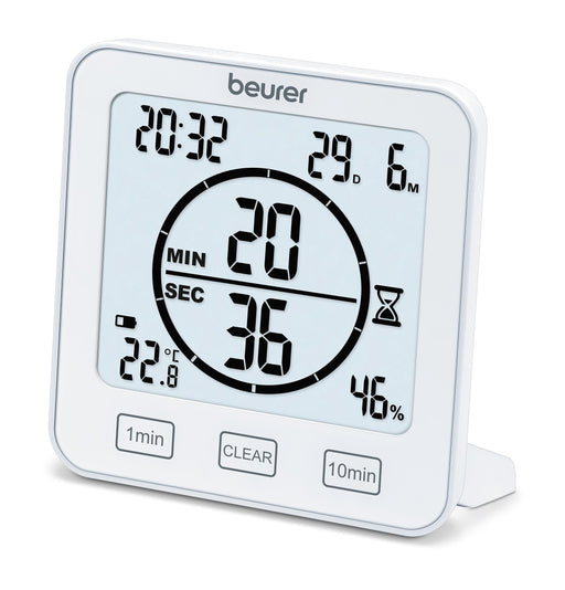 Beurer HM 22 thermo hygrometer; displays temperature relative humidity date and time; timer function; sensor buttons