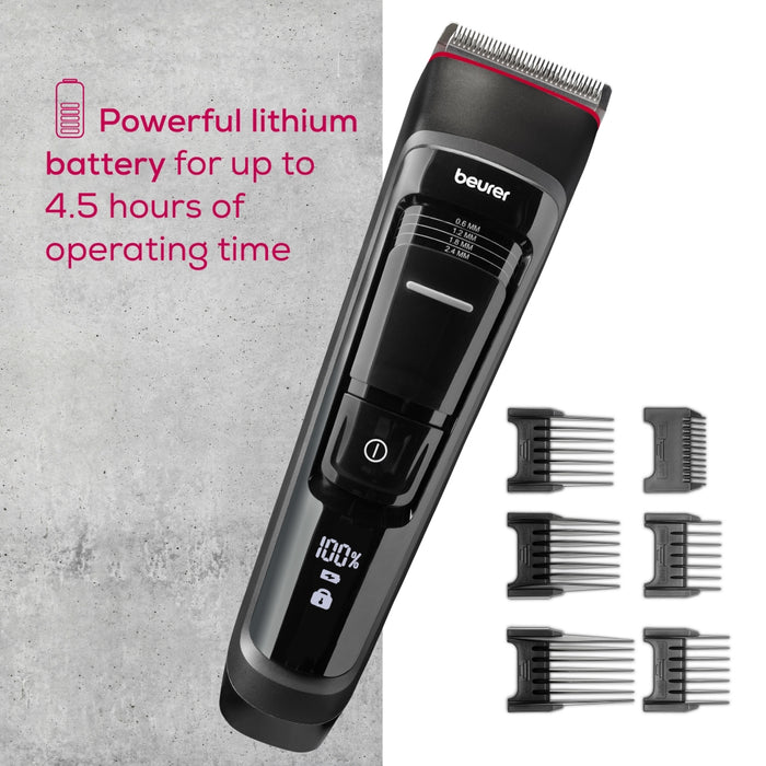 Beurer MN5X hair clipper, 7 Attachments, 6 adjustable cutting lengths and 4-stage fine adjustment, LED display with battery display, Battery and mains operation, travel lock display and charge display, storage bag