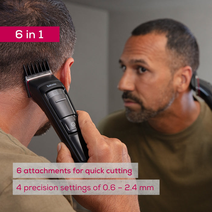 Beurer MN5X hair clipper, 7 Attachments, 6 adjustable cutting lengths and 4-stage fine adjustment, LED display with battery display, Battery and mains operation, travel lock display and charge display, storage bag