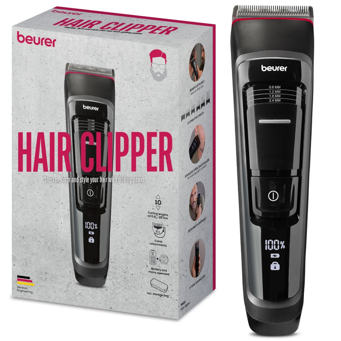 Beurer MN5X hair clipper, 7 Attachments, 6 adjustable cutting lengths and 4-stage fine adjustment, LED display with battery display, Battery and mains operation, travel lock display and charge display, storage bag