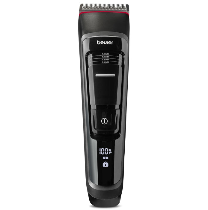 Beurer MN5X hair clipper, 7 Attachments, 6 adjustable cutting lengths and 4-stage fine adjustment, LED display with battery display, Battery and mains operation, travel lock display and charge display, storage bag