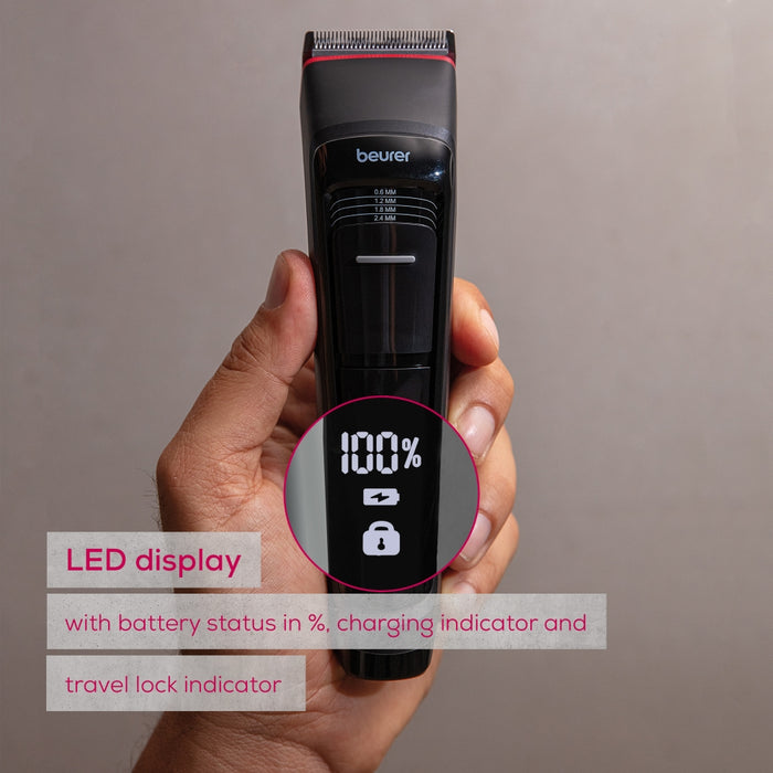 Beurer MN5X hair clipper, 7 Attachments, 6 adjustable cutting lengths and 4-stage fine adjustment, LED display with battery display, Battery and mains operation, travel lock display and charge display, storage bag