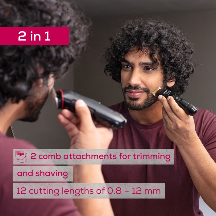 Beurer MN4X beard styler, 2 Attachments, slim titanium contour blade, Battery and mains operation, LED display, 10 cutting lengths, 2 comb attachments with length adjustment: 3-7 and 8-12 mm,Water-resistant