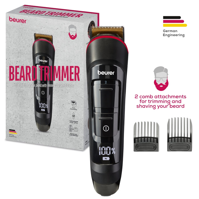 Beurer MN4X beard styler, 2 Attachments, slim titanium contour blade, Battery and mains operation, LED display, 10 cutting lengths, 2 comb attachments with length adjustment: 3-7 and 8-12 mm,Water-resistant