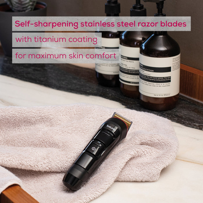 Beurer MN4X beard styler, 2 Attachments, slim titanium contour blade, Battery and mains operation, LED display, 10 cutting lengths, 2 comb attachments with length adjustment: 3-7 and 8-12 mm,Water-resistant