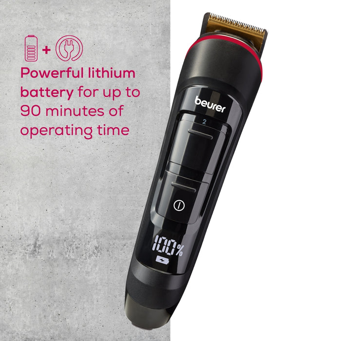 Beurer MN4X beard styler, 2 Attachments, slim titanium contour blade, Battery and mains operation, LED display, 10 cutting lengths, 2 comb attachments with length adjustment: 3-7 and 8-12 mm,Water-resistant