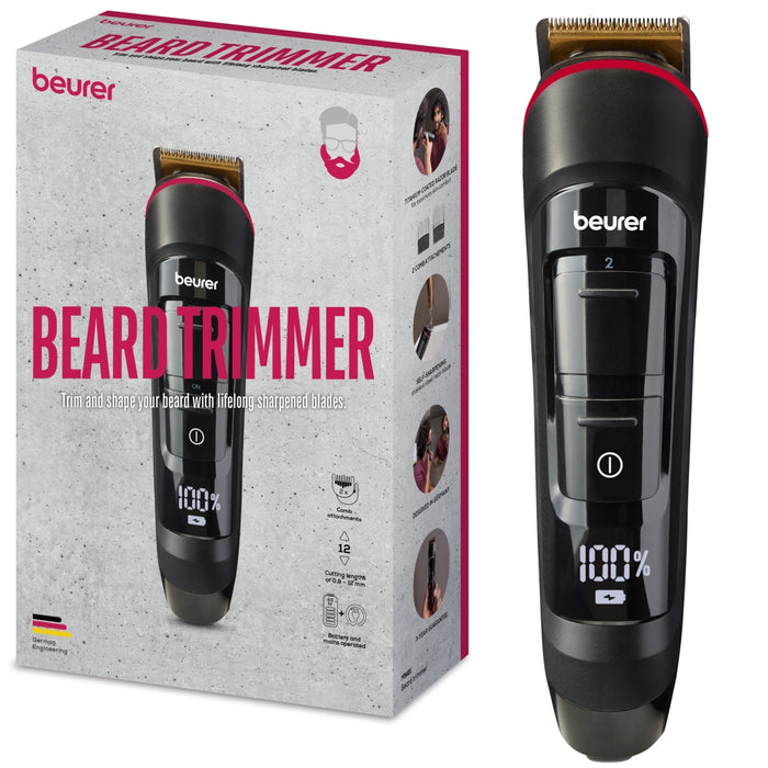 Beurer MN4X beard styler, 2 Attachments, slim titanium contour blade, Battery and mains operation, LED display, 10 cutting lengths, 2 comb attachments with length adjustment: 3-7 and 8-12 mm,Water-resistant