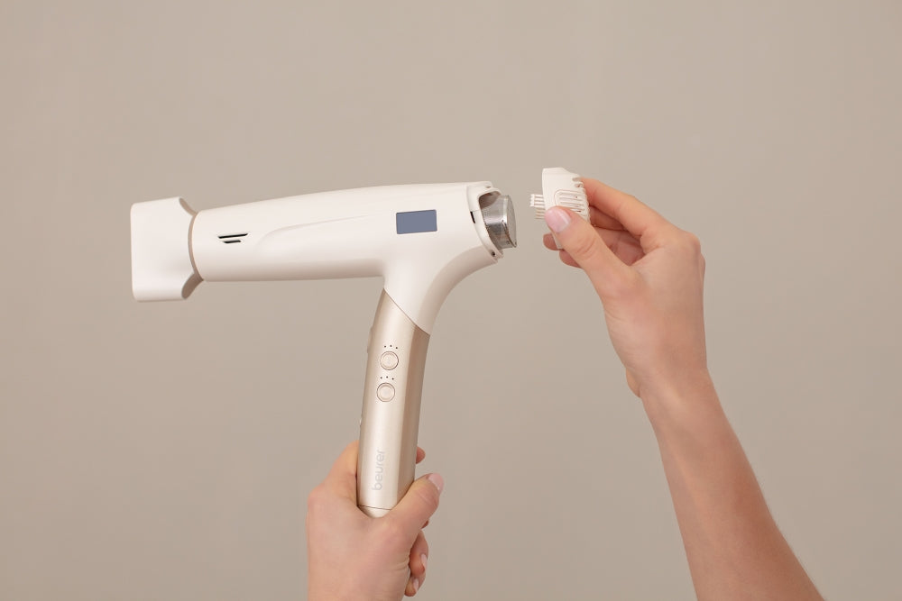 Beurer HC 150 FusionDry Pro Hair dryer - Powerful, brushless motor, Ergonomic folding handle, Ion function, 3 heat & blower settings, cold air, Extra quiet, EasyClick - Magnetic attachments, LCD display, Bag