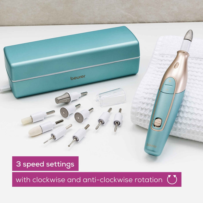 Beurer MP 84 Premium Manicure/pedicure set, 10 attachments, 3 speed levels, Ergonomic design and bright LED light, Lithium ion battery, with practical charging and storage case