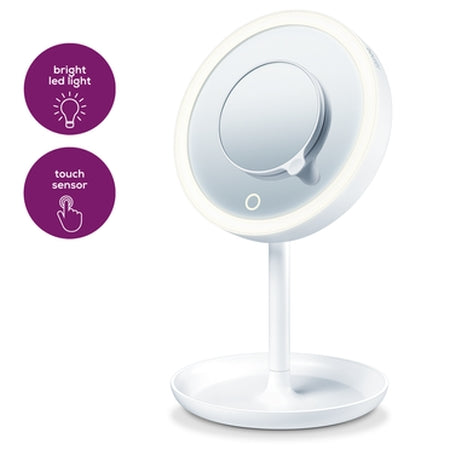 Beurer BS 45 illuminated cosmetics mirror,LED light, Touch sensor, 5x magnification,dimmer function,storage tray