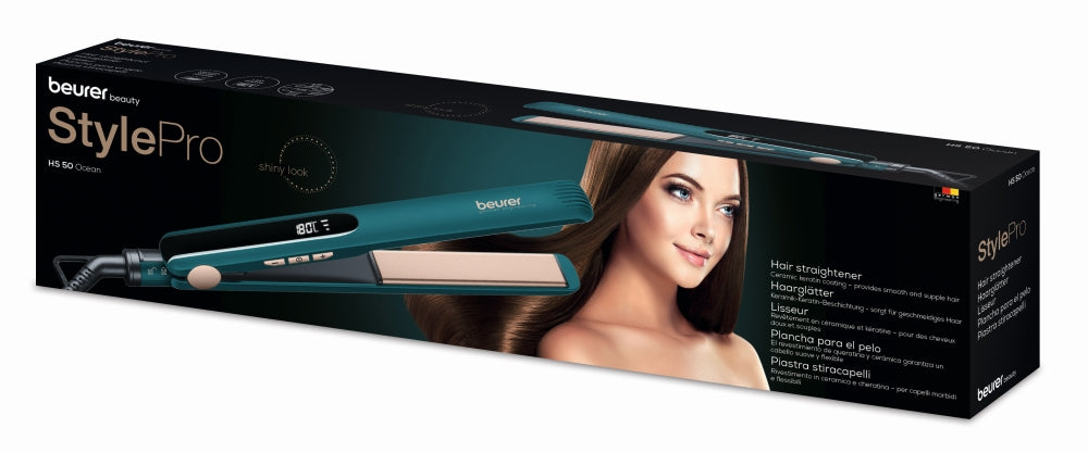 Beurer HS 50 Ocean Hair straightener, LED display, Ceramic keratin coating, Variable temperature control (120-220 °), Spring-mounted hot plates, Button lock, Operation status display, Automatic switch-off after 30 minutes, Transport lock