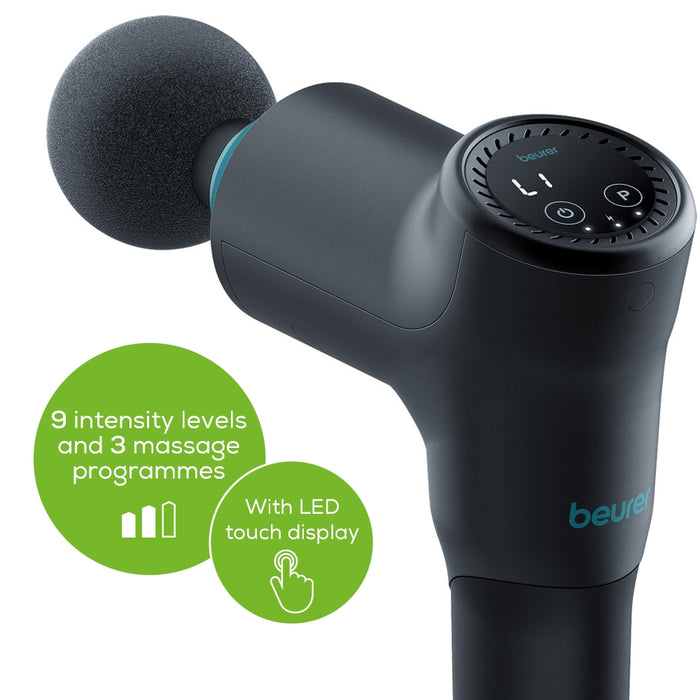 Beurer MG 185 deep tissue massager, 9 intensity levels & 3 massage programmes, 5 massage attachments, Lithium-ion battery up to 5.5h of use, storage case