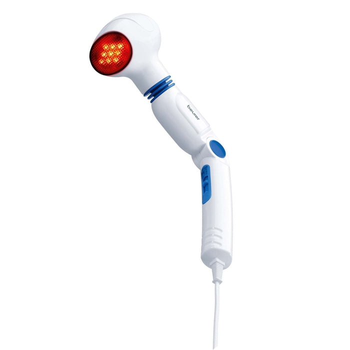 Beurer MG 40 infrared massager; Soothing vibration massage; Rotating massage head and 3-way adjustable handle; Infrared heat; 3 function levels; 4 interchangeable massage attachments