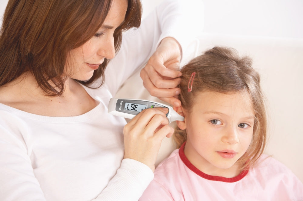 Beurer FT 65 multi functional thermometer, 6-in-1 function: ear, forehead and surface temperature, temperature alarm, date and time, 10 memory spaces, medical device