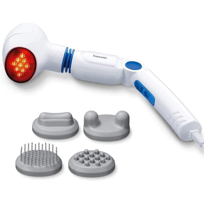 Beurer MG 40 infrared massager; Soothing vibration massage; Rotating massage head and 3-way adjustable handle; Infrared heat; 3 function levels; 4 interchangeable massage attachments
