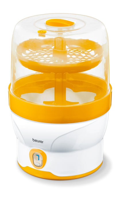 Beurer BY 76 steam steriliser; Disinfects up to 6 bottles and accessories in 7 minutes; LED display, tongs, removable bottle grid,measuring jug