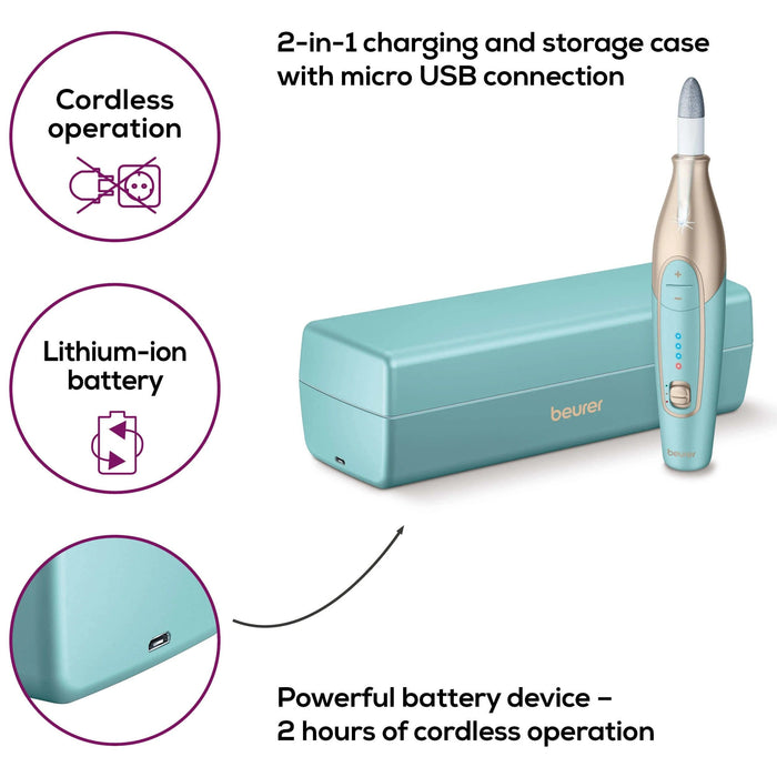 Beurer MP 84 Premium Manicure/pedicure set, 10 attachments, 3 speed levels, Ergonomic design and bright LED light, Lithium ion battery, with practical charging and storage case
