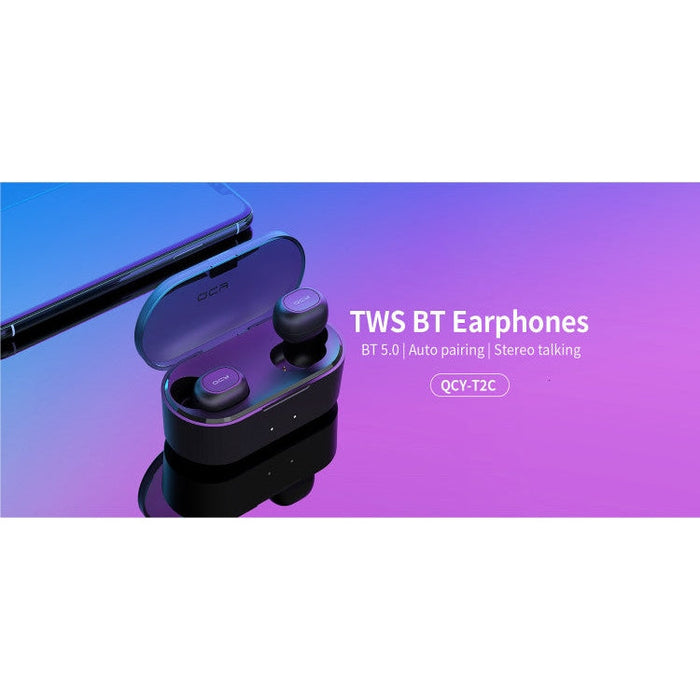 Wireless Bluetooth 5.0 headset with two microphones QCY T2C-RX TWS, 3D Stereo, Powerbank Case