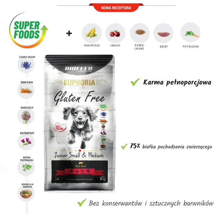 BIOFEED Euphoria Gluten Free Junior small & medium Beef - dry dog food - 12kg - Dry foodDLP-KAS<<<For