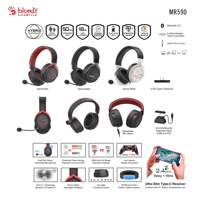 A4tech Bloody MR-590 Gaming wireless headset with microphone, Bluetooth 3.5mm jack, black