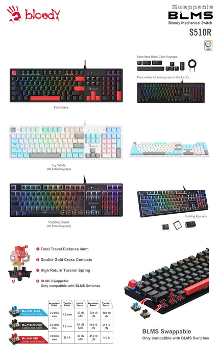 A4tech Bloody S510R Gaming Mechanical Keyboard, Blue Switch