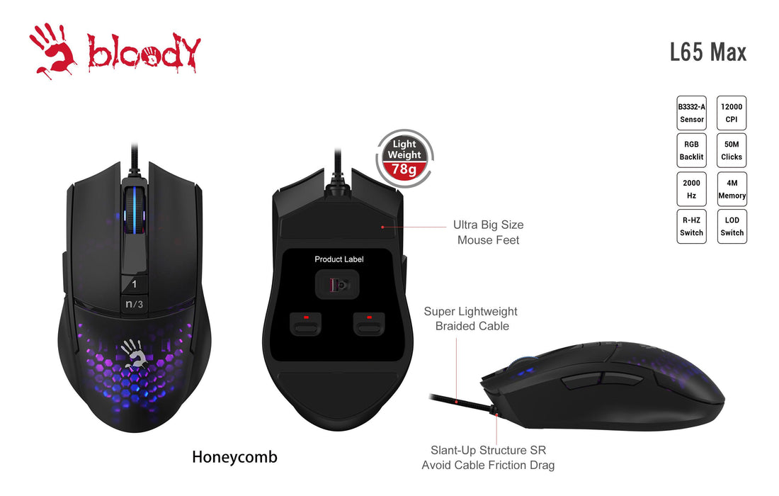 Gaming mouse A4tech bloody L65 Max, Wired, 12000 cpi, Naraka, Black/White