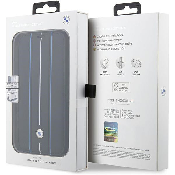 Case BMW BMBKP14X22RVSK iPhone 14 Pro Max 6.7" black/black bookcase Leather Stamp Blue Lines