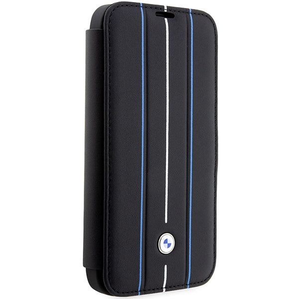 Case BMW BMBKP14X22RVSK iPhone 14 Pro Max 6.7" black/black bookcase Leather Stamp Blue Lines