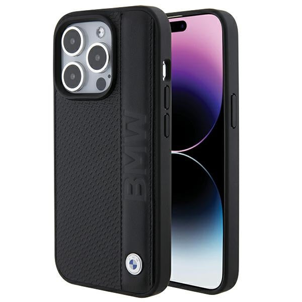 BMW Leather Textured &amp; Stripe iPhone 15 Pro Max Case - Black