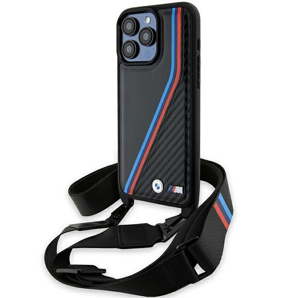 BMW M Edition Carbon Tricolor Lines &amp; Strap case for iPhone 15 Pro - black