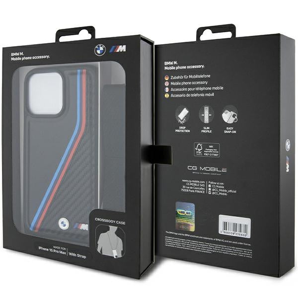 BMW M Edition Carbon Tricolor Lines &amp; Strap case for iPhone 15 Pro - black