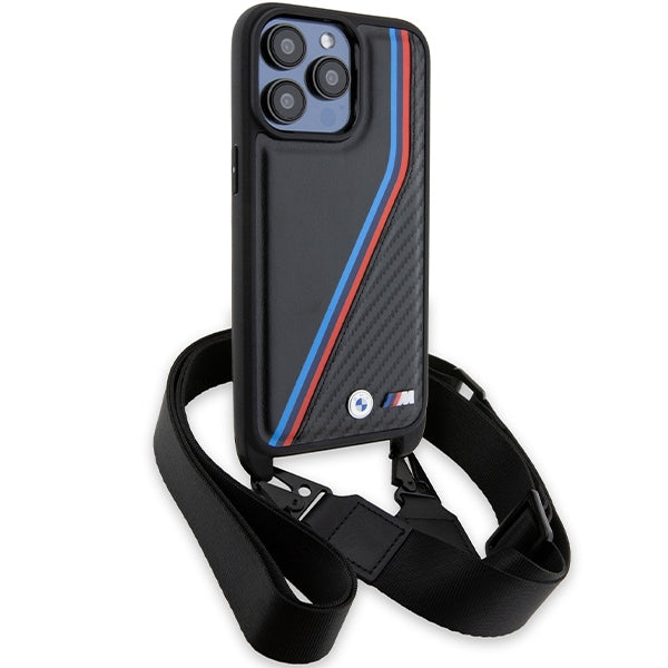 BMW M Edition Carbon Tricolor Lines &amp; Strap case for iPhone 15 Pro - black