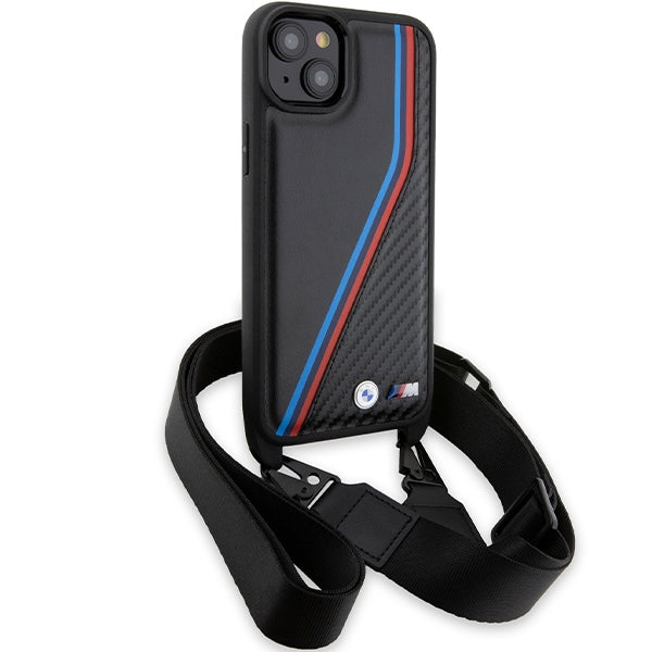 BMW M Edition Carbon Tricolor Lines &amp; Strap case for iPhone 15 Plus / 14 Plus - black