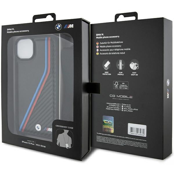 BMW M Edition Carbon Tricolor Lines &amp; Strap case for iPhone 15 / 14 / 13 - black