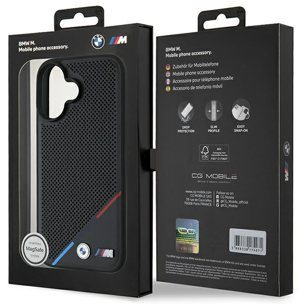 BMW M Perforated Tricolor Line MagSafe iPhone 16 Case - Black