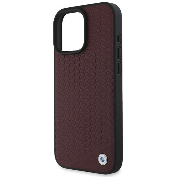 BMW Sign Leather Diamond Metal Logo MagSafe Case for iPhone 16 Pro Max - Red