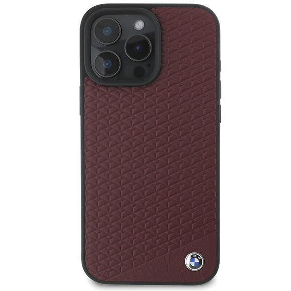 BMW Sign Leather Diamond Metal Logo MagSafe Case for iPhone 16 Pro Max - Red