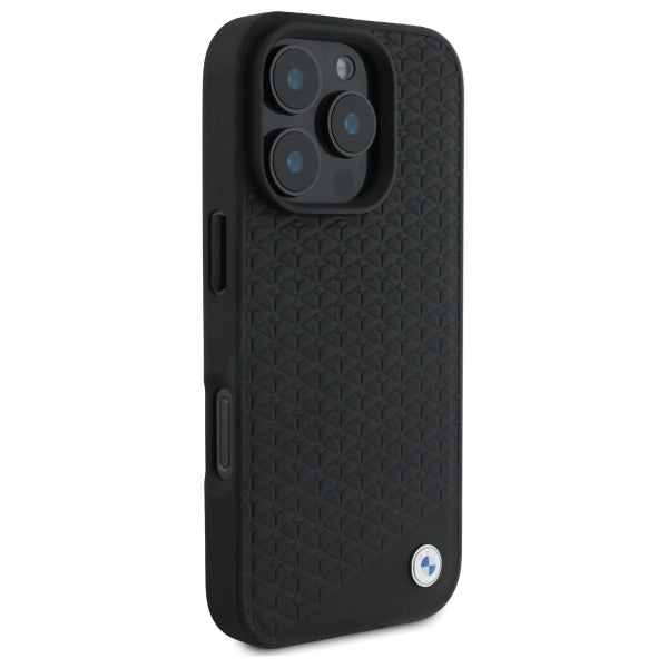 BMW Sign Leather Diamond Metal Logo MagSafe iPhone 16 Pro Case - Black